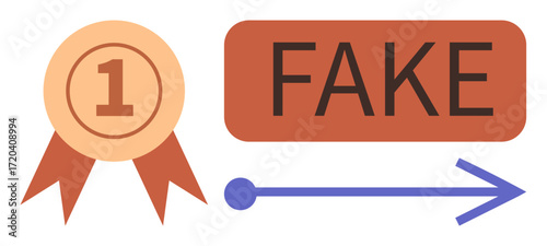 Orange first place badge, fake indication in bold text, blue-rightward arrow. Ideal for fraud awareness, authenticity, scams, false claims, misinformation quality assurance trust issues. Simple