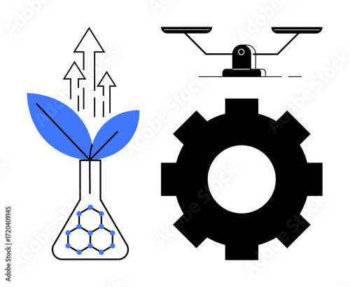 Leaf sprouting from flask with arrows, gear, and balance scale. Ideal for innovation, sustainability, eco-friendly technology, progress, research balance and efficiency. Simple flat metaphor