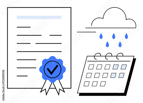 Document with a certified stamp, a calendar, and a cloud with rain droplets. Ideal for planning, risk management, compliance, certification, deadlines scheduling and responsibility. Simple flat