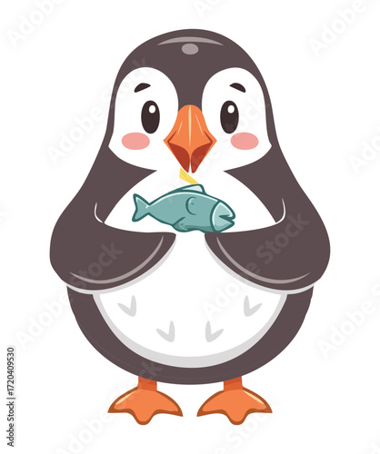 Cute Penguin Bird Character Holding a Fish in Its Beak, Proud of Its Catch