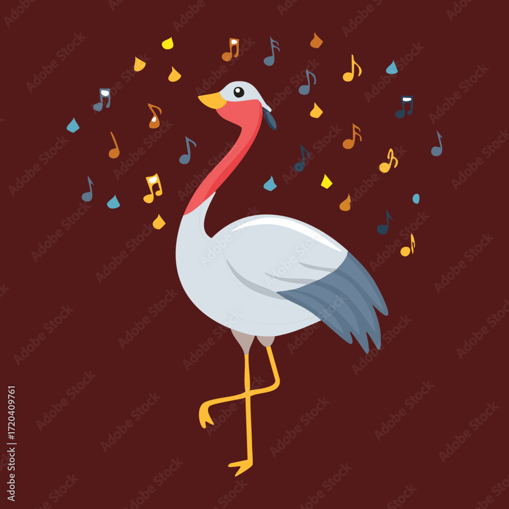 Fototapeta premium Happy Stork Character with Music Notes Floating Around It, Spreading Joy and a Melodic Vibe