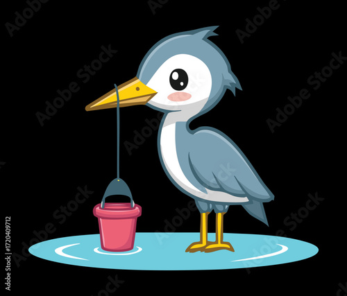 Playful Heron Character with a Sand Bucket and a Shovel, Ready to Dig in the Sand