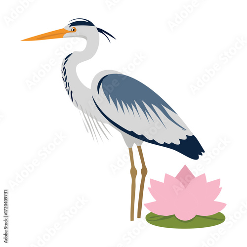 Majestic Heron Bird Character Standing Gracefully and Patiently in a Calm and Serene Posture