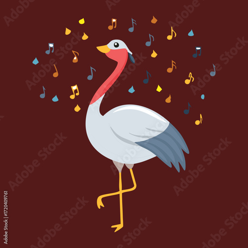 Happy Stork Character with Music Notes Floating Around It, Spreading Joy and a Melodic Vibe