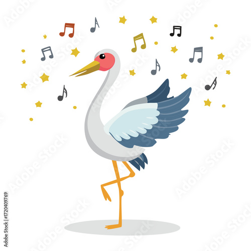 Happy Stork Bird with Music Notes Floating Around It, Spreading Joy and a Melodic Vibe