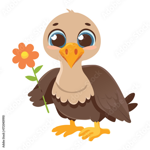 A cute baby vulture character with a flower, looking up with big, innocent eyes, a symbol of new life and hope