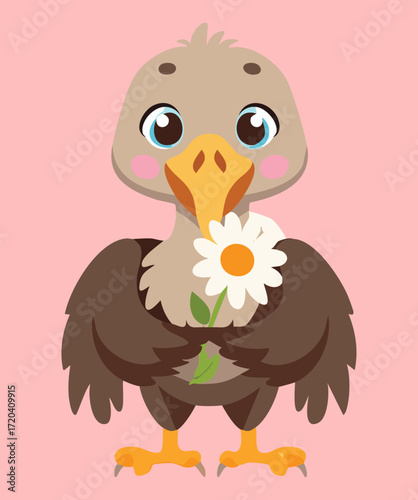 A charming vulture character holding a daisy in its beak, with a shy expression, symbolizing tenderness and simple beauty