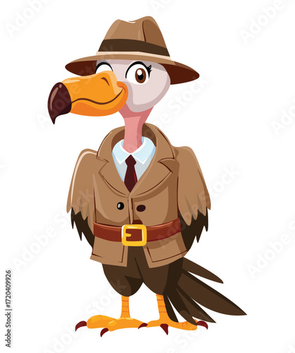 A professional vulture character in a suit and hat, with a serious expression, ready for a day of business or adventure