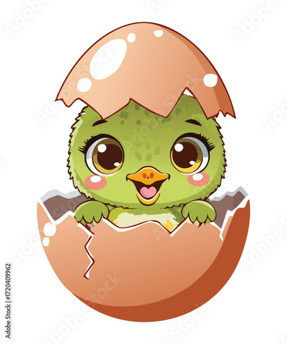 A delightful kiwi bird chick hatching from its egg, with a happy expression, illustrating a new beginning and adorable life