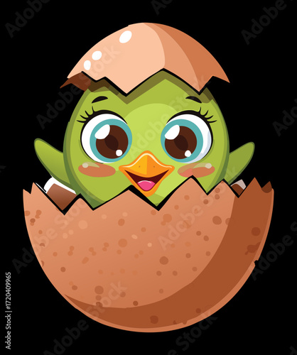Adorable green chick character with big eyes hatching from a cracked eggshell on a black background