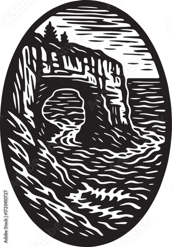 Tasman Arch linocut illustration, bold black and white etching of natural sea arch in Tasmania