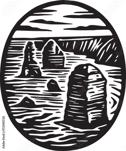 Twelve Apostles linocut illustration, bold black and white etching of iconic limestone stacks in Australia