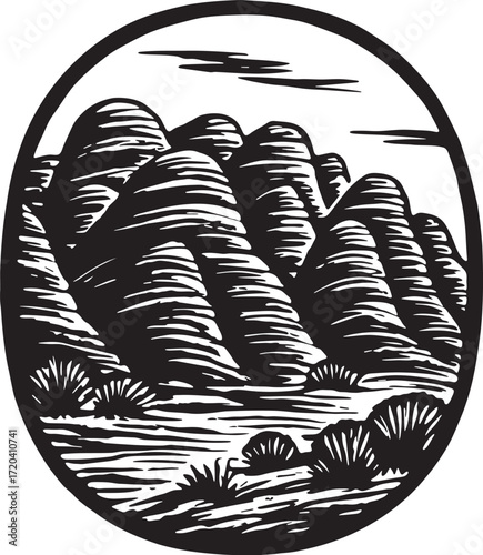 Bungle Bungle Range linocut print, iconic striped beehive domes in bold Australian desert scenery