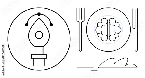 Pen tool in circle representing creativity and design near a fork, knife, and plate with a brain symbolizing intellectual nourishment. Ideal for creativity, education, innovation, self-improvement