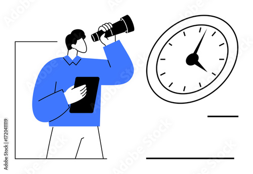 Man holding a telescope and tablet, analyzing time shown on a clock. Ideal for time management, productivity, career planning, goal setting, strategic thinking, efficiency, simple flat metaphor