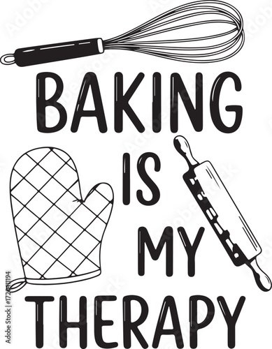 Whisk rolling pin oven mitt text baking is my therapy hand drawn kitchen utensils home baking pastry cooking art isolated on transparent background