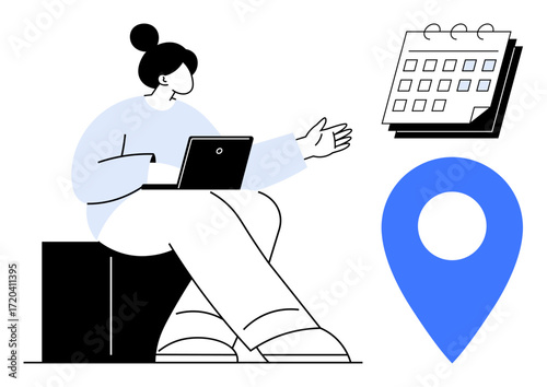 Person sitting with a laptop, managing tasks, interacting with a calendar and marker. Ideal for time management, scheduling, planning, organization, remote work, productivity simple flat metaphor