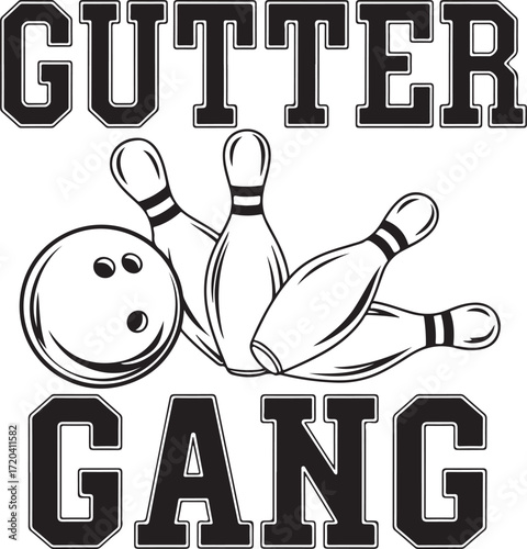 Gutter gang bowling club team apparel design featuring bowling ball and pins for sports enthusiasts and league players isolated on transparent background