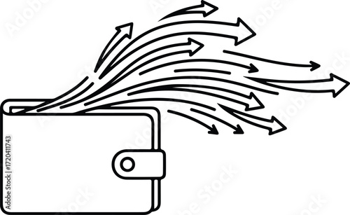 Silhouette wallet with many outgoing arrows indicating money outflow vector illustration
