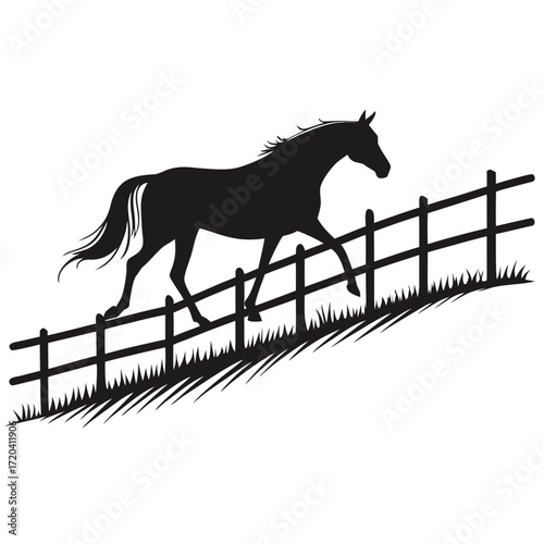 Horse trotting along fence silhouette