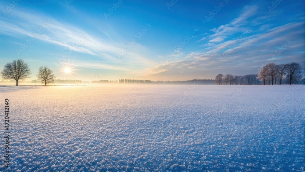 Fototapeta premium Serene winter landscape at sunrise with frosty field bare trees and soft golden light illuminating the sky