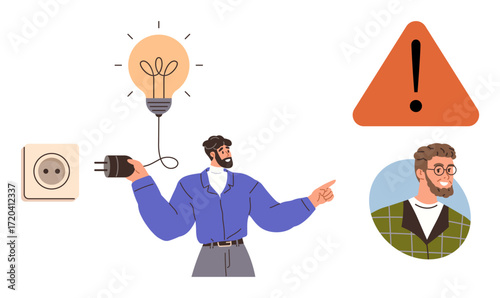Man holds power plug near wall socket, points at a warning sign, illuminated lightbulb, and circular profile picture. Ideal for energy concepts, safety, creativity, alerts, profiles problem-solving