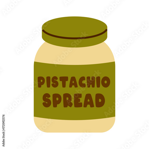 Vector jar of dubai pistachio spread isolated on white. Tasty nut butter illustration for gourmet dessert, bakery, breakfast menu, packaging and branding.