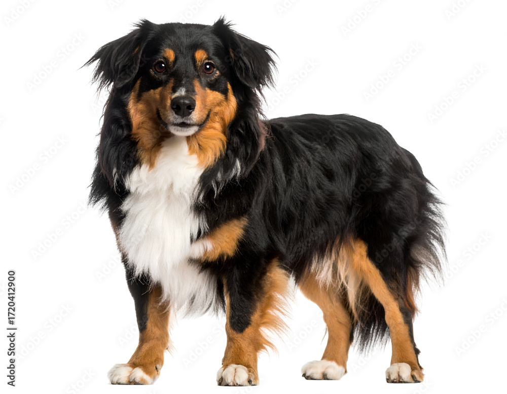 Fototapeta premium A fluffy black and brown dog stands confidently with a friendly expression, showcasing its vibrant fur and playful demeanor.