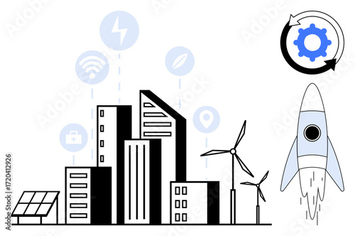 Urban buildings with wind turbines, solar panels, rocket, and icons for power, network, and sustainability. Ideal for technology, green energy, innovation progress eco-living city planning