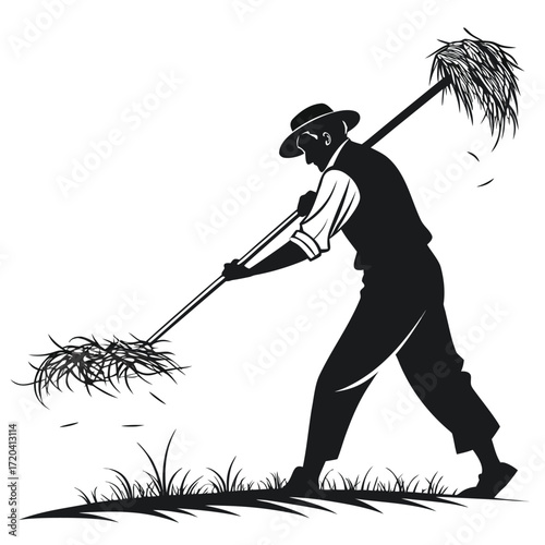 Farmer tossing hay silhouette