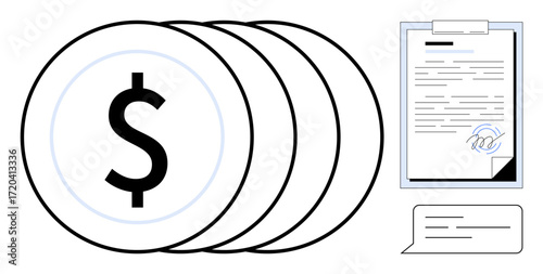 Dollar coins stacked near a signed contract and speech bubble. Ideal for finance, legal contracts, business transactions, agreements, investment, banking, negotiation themes in simple flat metaphor