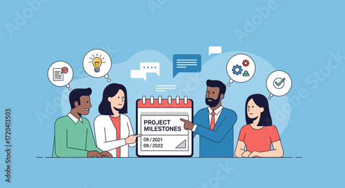 People planning project milestones on a calendar with icons.