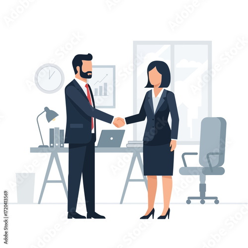 Two business people shake hands in an office setting.