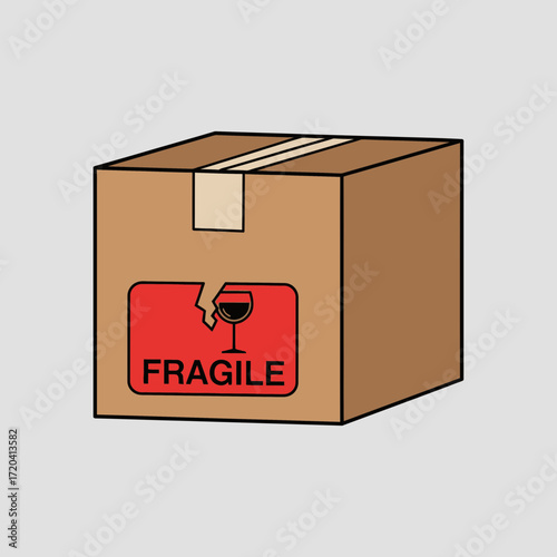 Cardboard box with fragile warning label on gray background.
