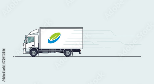 White delivery truck with logo moving fast.