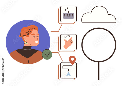 Person linked to cloud and task icons representing workflow concepts. Ideal for process management, decision-making, cloud technology, teamwork, productivity, automation, and innovation. Simple flat