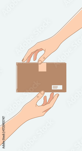 Hands passing a small brown cardboard box.