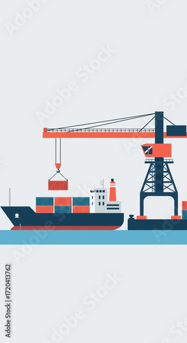Cargo ship at a port with a crane loading containers.