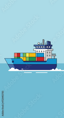 Cargo ship with containers sailing on the ocean.