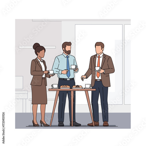 Three people in business attire stand around a table.