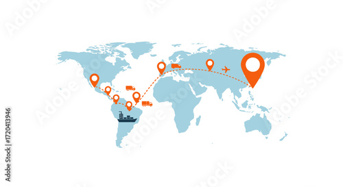 World map with travel routes and location markers.
