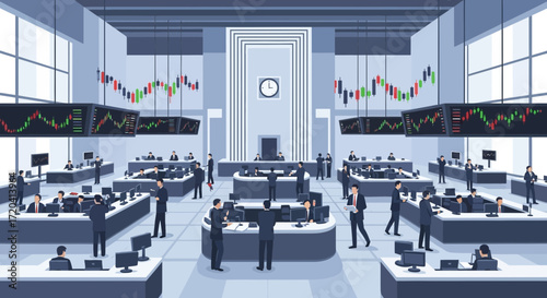Busy trading floor with people and stock market charts.