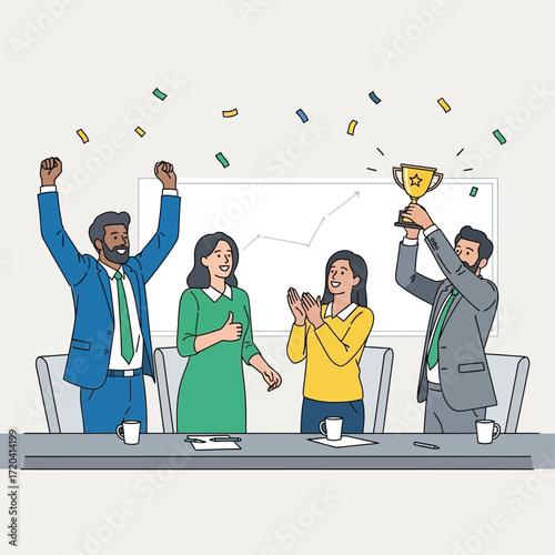 People celebrating victory with a trophy and confetti.