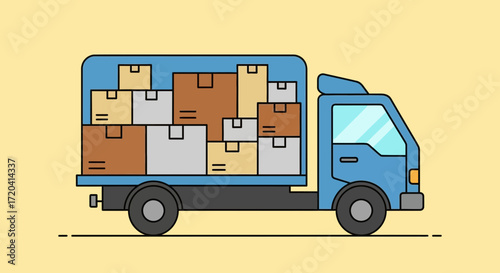 Blue truck filled with cardboard boxes on a yellow background.