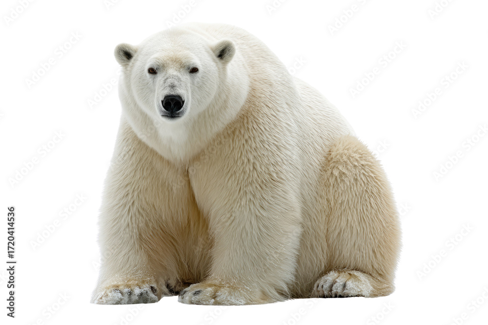 Fototapeta premium A majestic polar bear sits facing the camera, its thick fur glistening. background removed