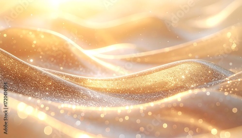 Abstract, golden-hued rippling fabric with sparkling bokeh effects, reminiscent of shimmering waves bathed in soft, warm light