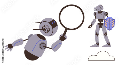 Two robots inspecting and protecting data one holds a magnifying glass, the other a shield. Ideal for technology, AI, data protection, analysis, research, cybersecurity. Simple flat metaphor
