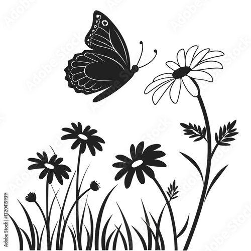 Butterfly fluttering over daisies silhouette