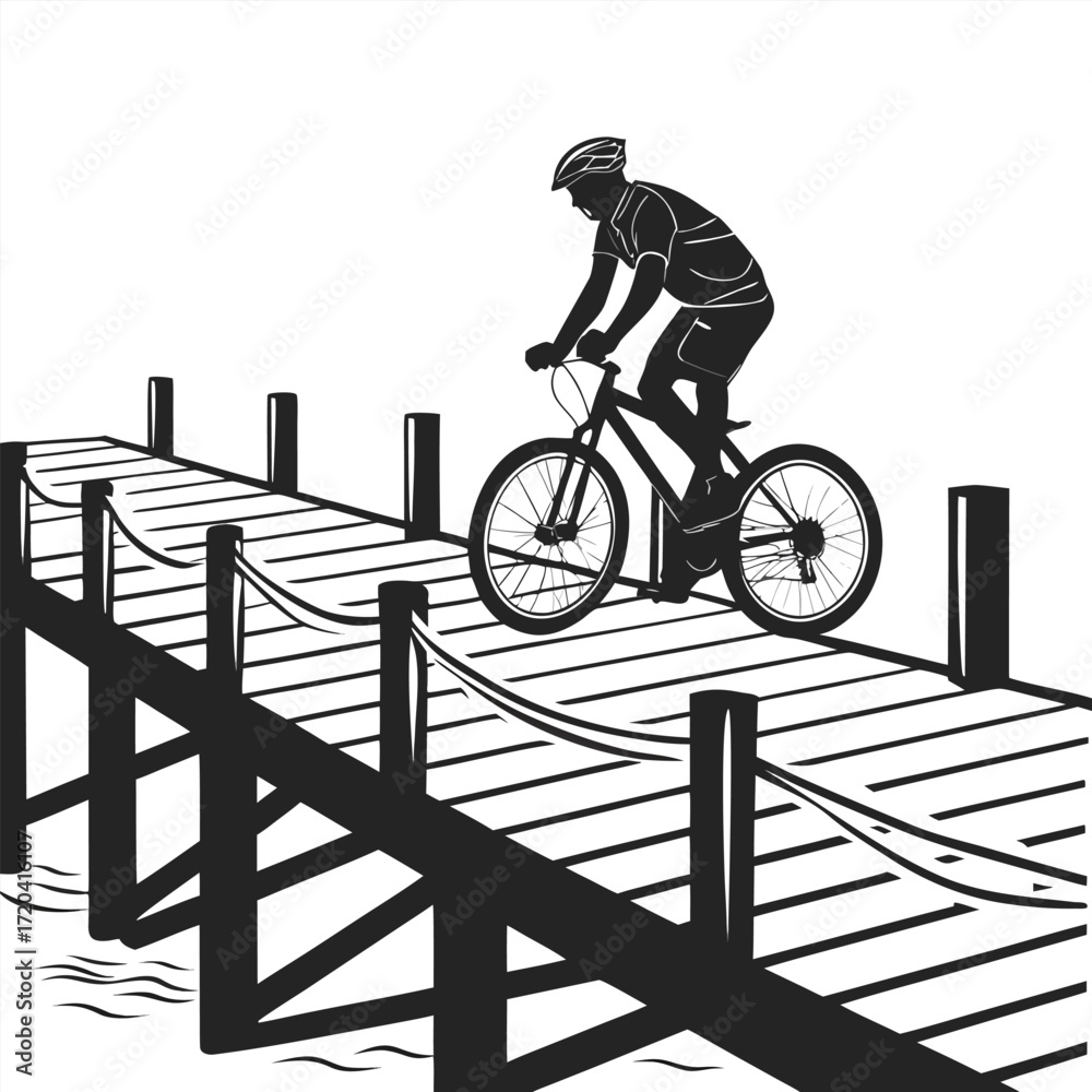 Fototapeta premium Cyclist crossing wooden pier silhouette