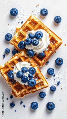 Two waffles topped with whipped cream and blueberries, scattered on a white surface